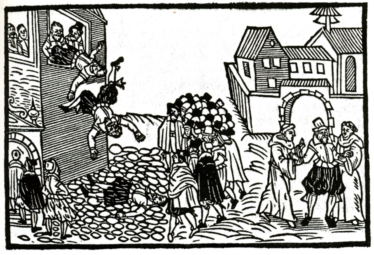 Prague defenestration triggers a revolt historical illustration